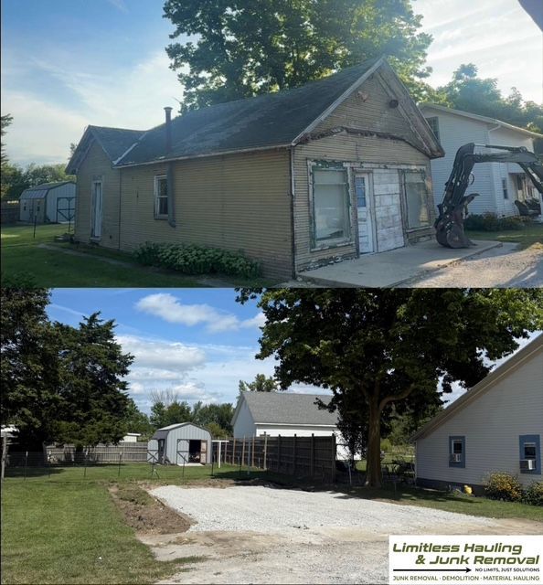 A before and after picture of a barn with the words limitless hauling & junk removal on the bottom