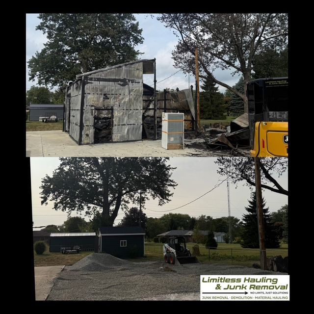 Before-and-after of a building demolition. Charred remains shown above, cleared space below, and the hauling company's logo.