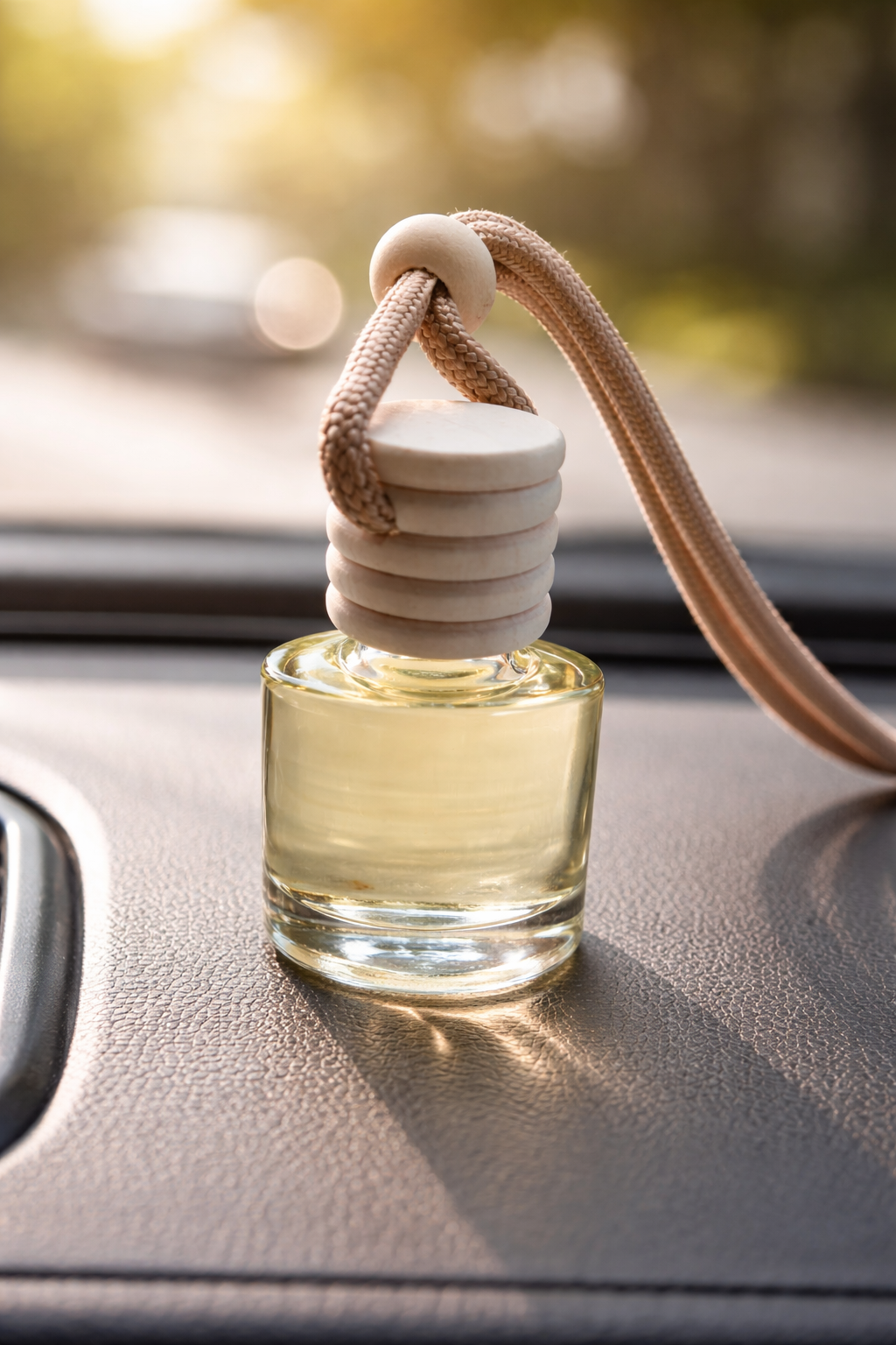 Pequeño ambientador de coche de cristal con cordón beige sobre el salpicadero, con luz solar de fondo.
