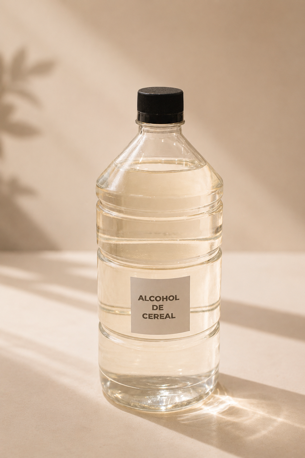 Botella transparente de sidra sin alcohol con tapón negro sobre una mesa iluminada por el sol.