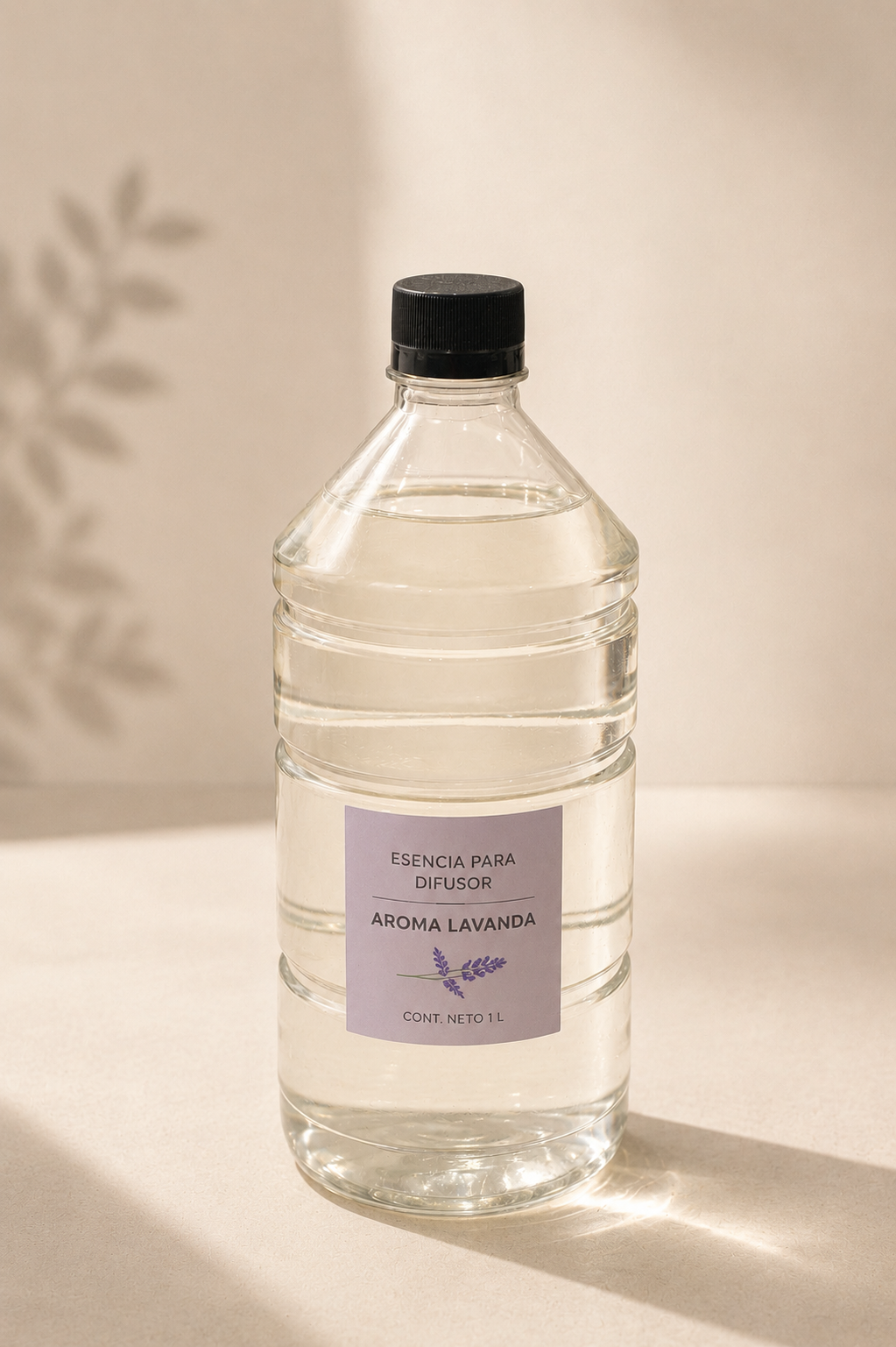 Botella de plástico transparente con tapón negro y etiqueta lila sobre una superficie clara contra una pared beige.