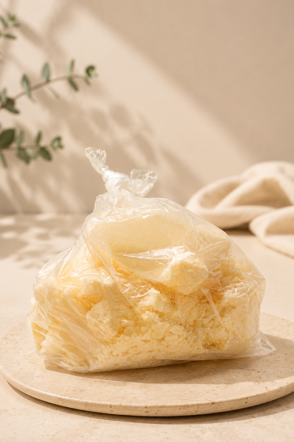 Una bolsa de plástico transparente con queso rallado sobre una tabla redonda de madera de color beige claro.