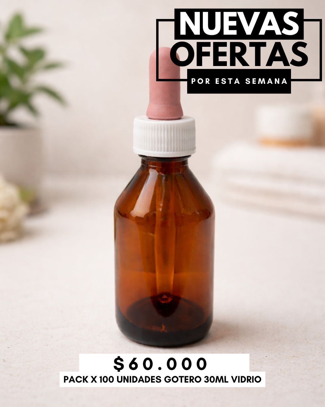 Frasco de vidrio ámbar con gotero rosa, etiqueta de venta “Nuevas ofertas”, precio $60.00