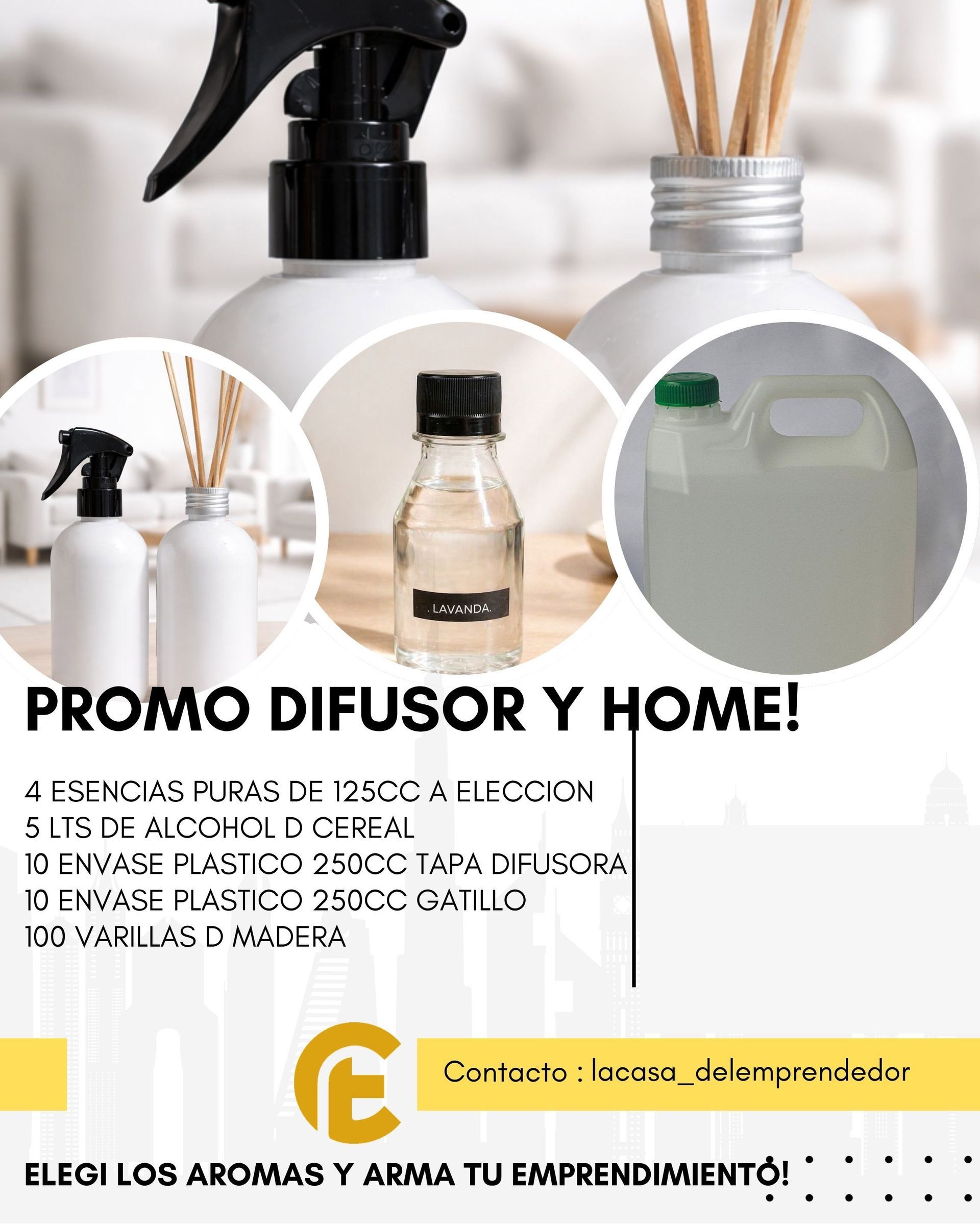 Promo de difusores para el hogar con frascos blancos, vidrio y varillas de madera.