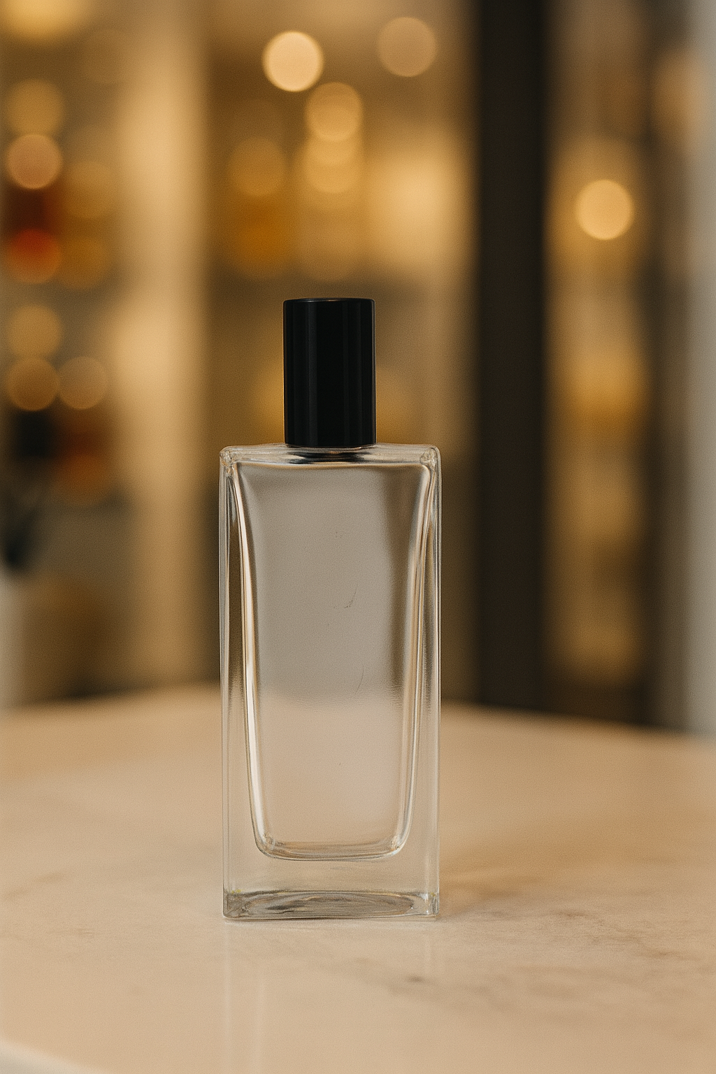 Frasco de perfume transparente con tapón negro sobre una superficie beige, luces cálidas difuminadas al fondo.