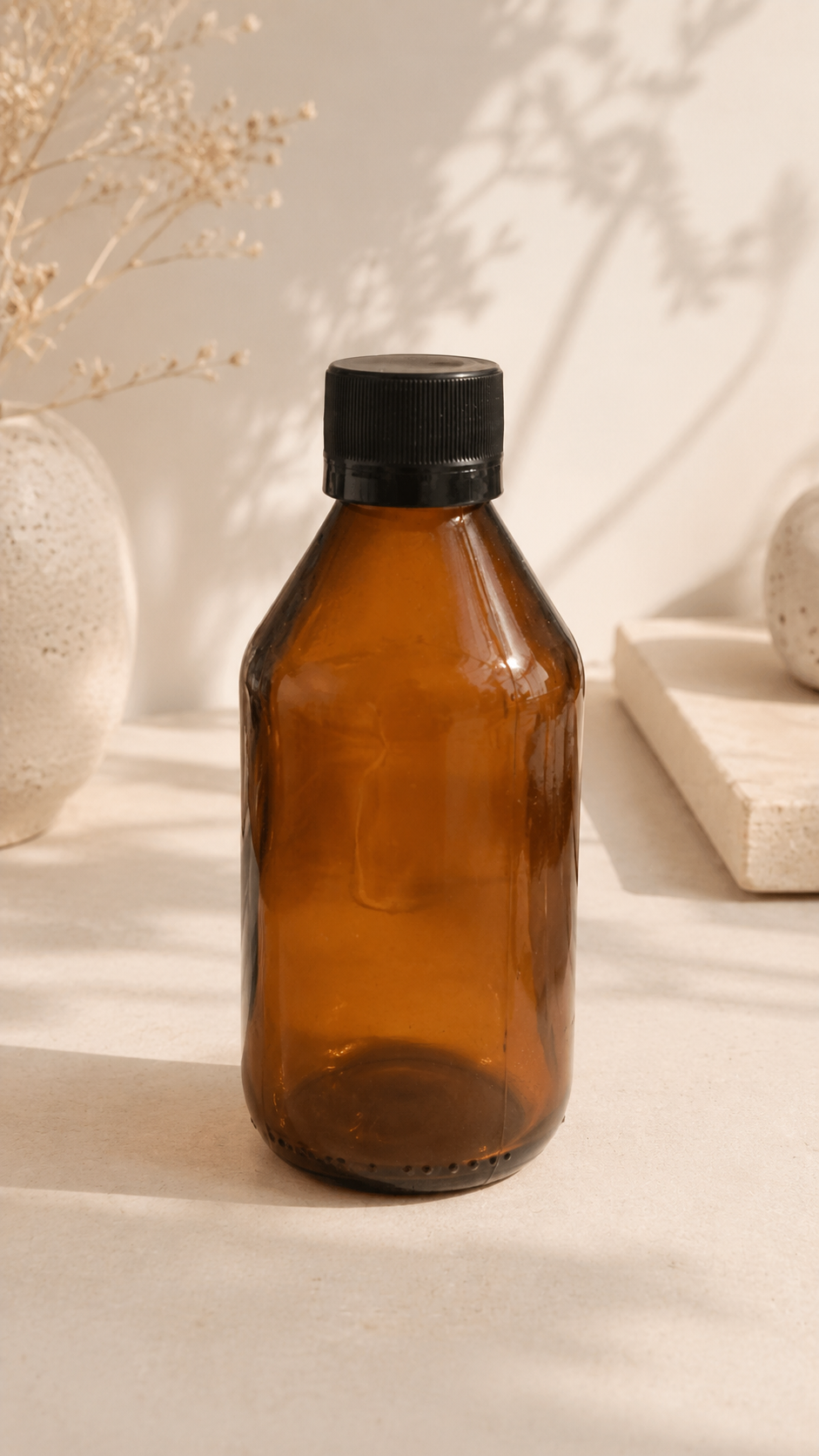 Botella de vidrio ámbar con tapón negro sobre una mesa beige, iluminada por una luz solar cálida.