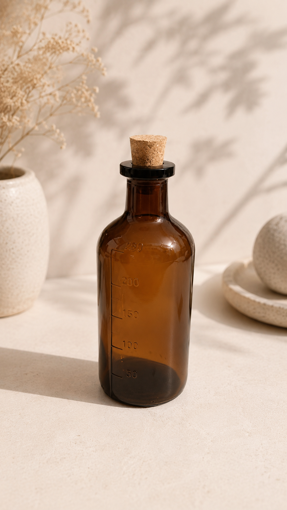 Botella de vidrio ámbar con corcho sobre una superficie beige, en una cálida decoración minimalista.