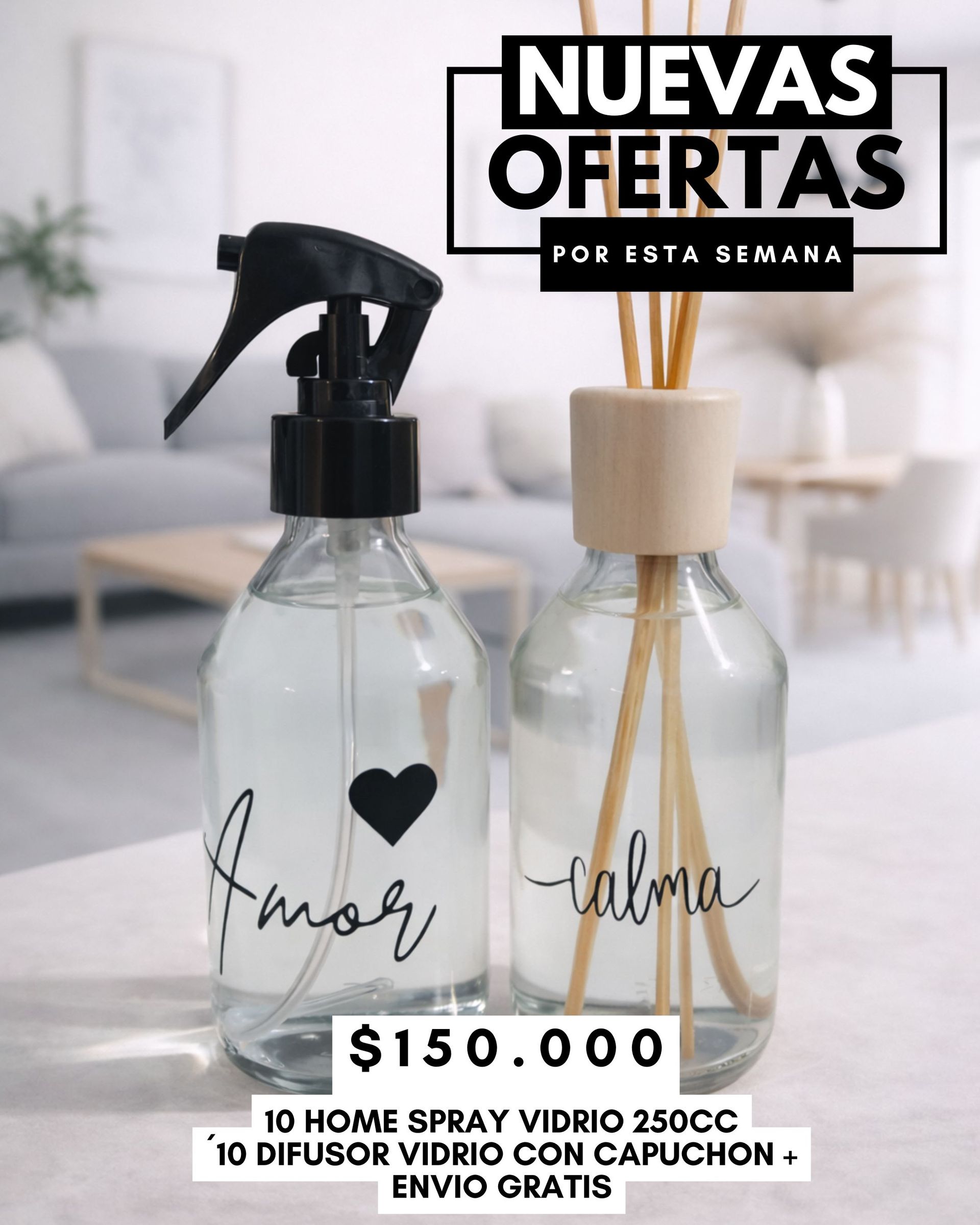 Promo difusor y home spray vidrio 250cc