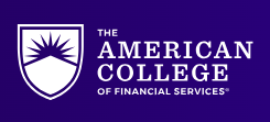 Logo for The American College of Financial Services featuring a sunburst shield on a purple background.