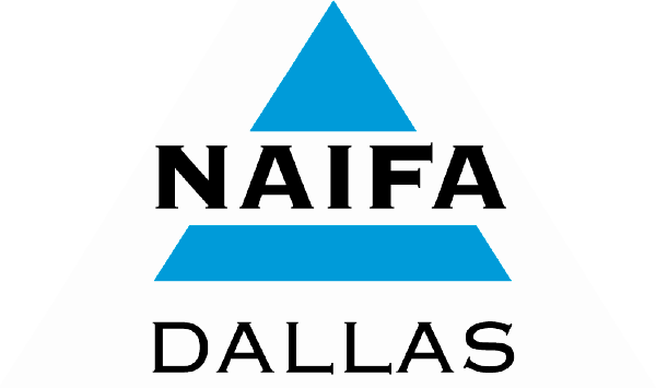 The logo for NAIFA Dallas features a blue triangle split by the black text 
