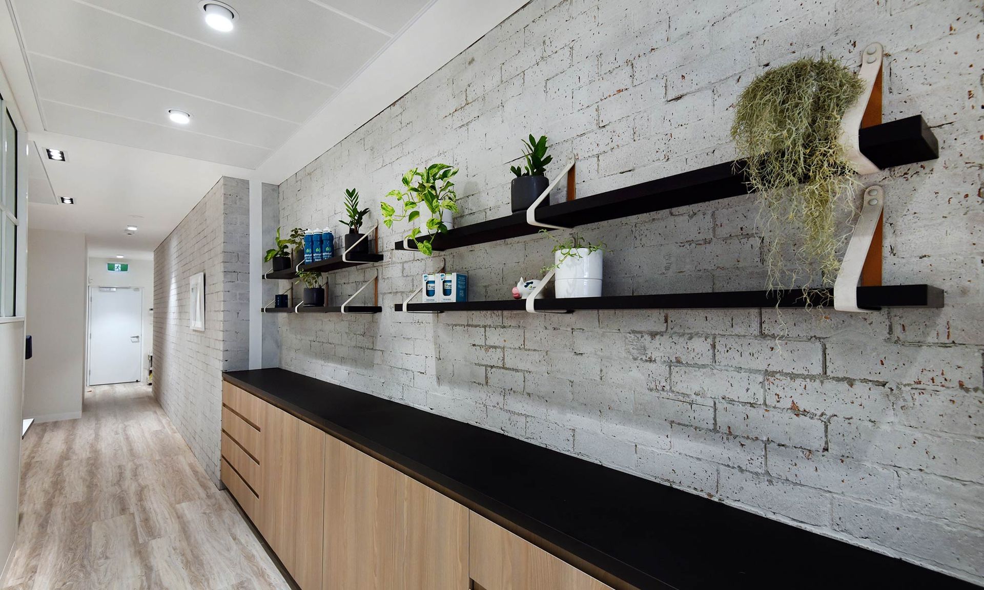 A Hallway With a Brick Wall and Shelves Filled With Potted Plants — Plumbe Joinery in Coffs Harbour, NSW