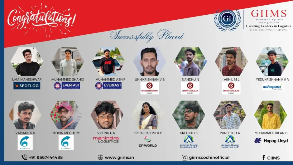 Students from GIIMS Institute of Logistics placed in top companies like FEI, Modern BIMBO, Exonic Shipping LLC, and Air Winch