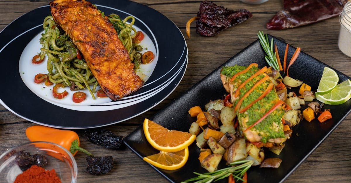Two plates of food are sitting on a wooden table.