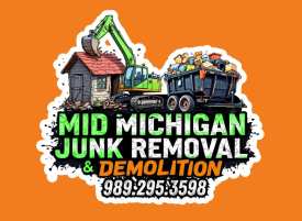 Logo: Green excavator, filled dumpster, and small building; “Mid Michigan Junk Removal & Demolition” with phone number on orange background.