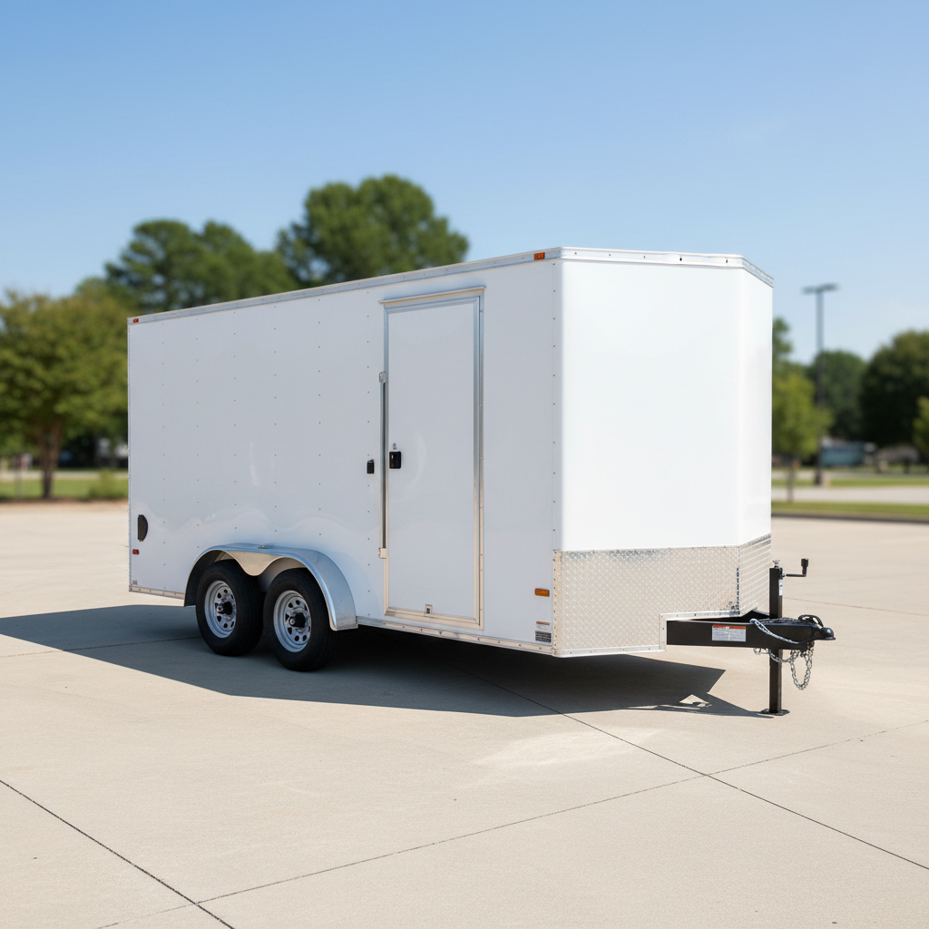 White enclosed cargo trailer with double axles, parked on concrete.