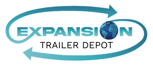 Logo for Expansion Trailer Depot: blue arrows surrounding text and globe on black background.