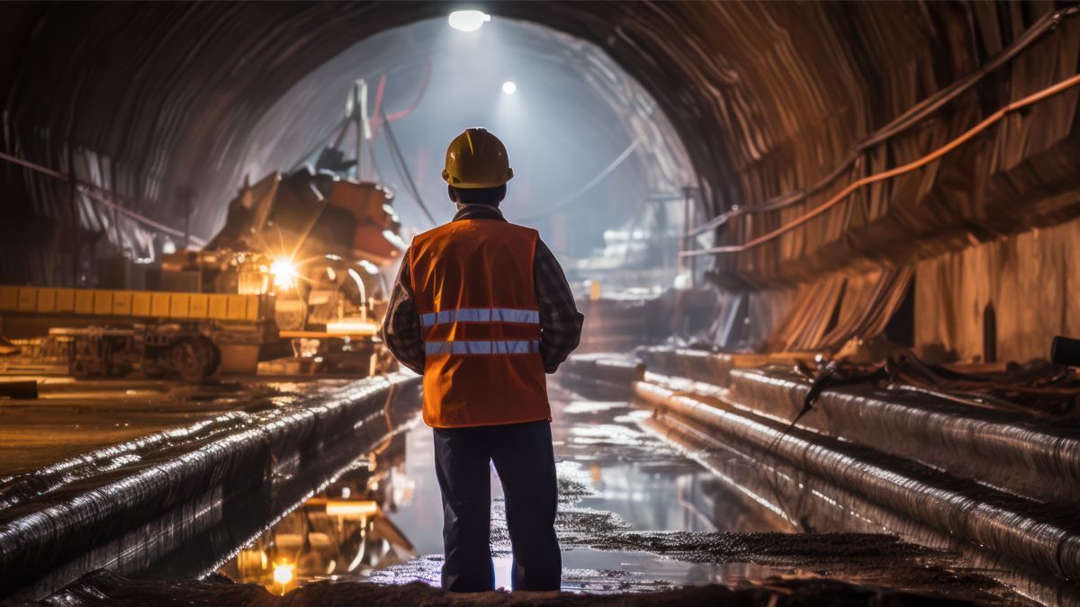 A construction worker in a hard hat and vest surveys a brightly lit tunnel