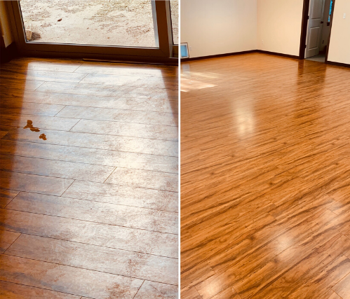 A before and after photo of a wooden floor.