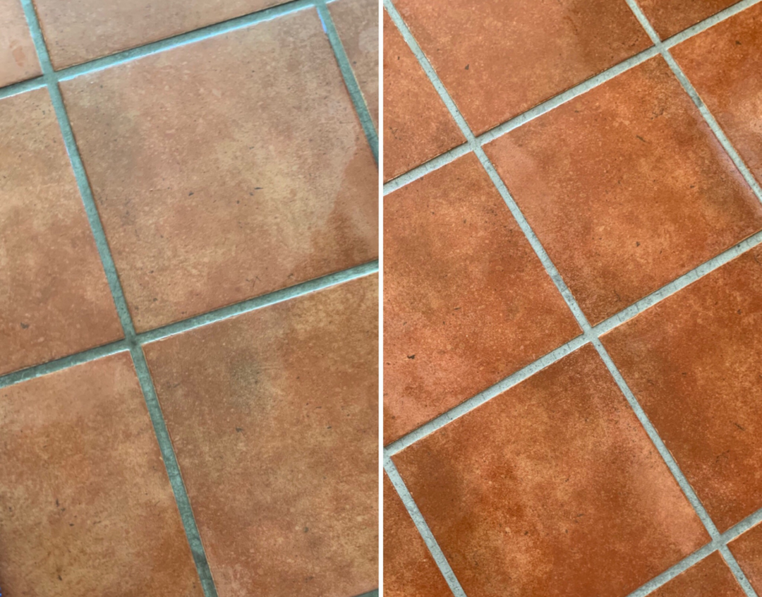 A before and after picture of a tile floor