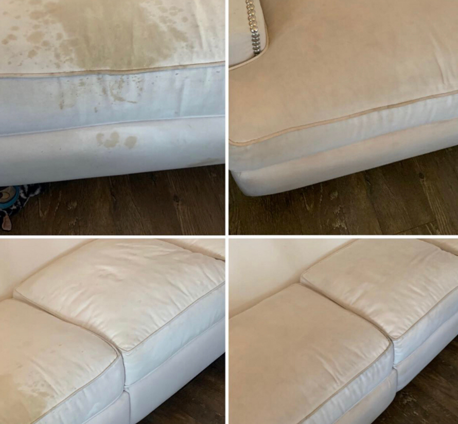A before and after photo of a white leather couch