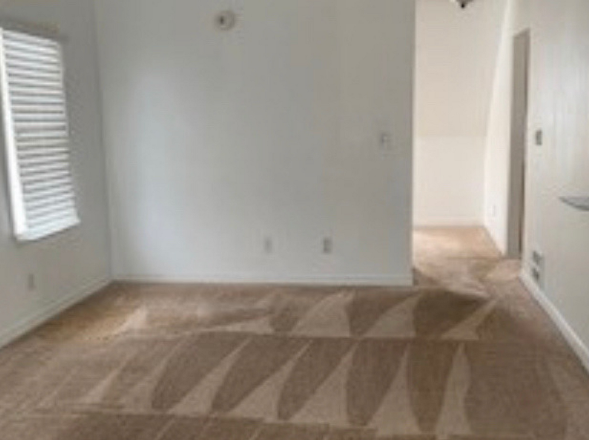 A living room with a carpeted floor and a sign that says xtreme carpet and tile cleaning.
