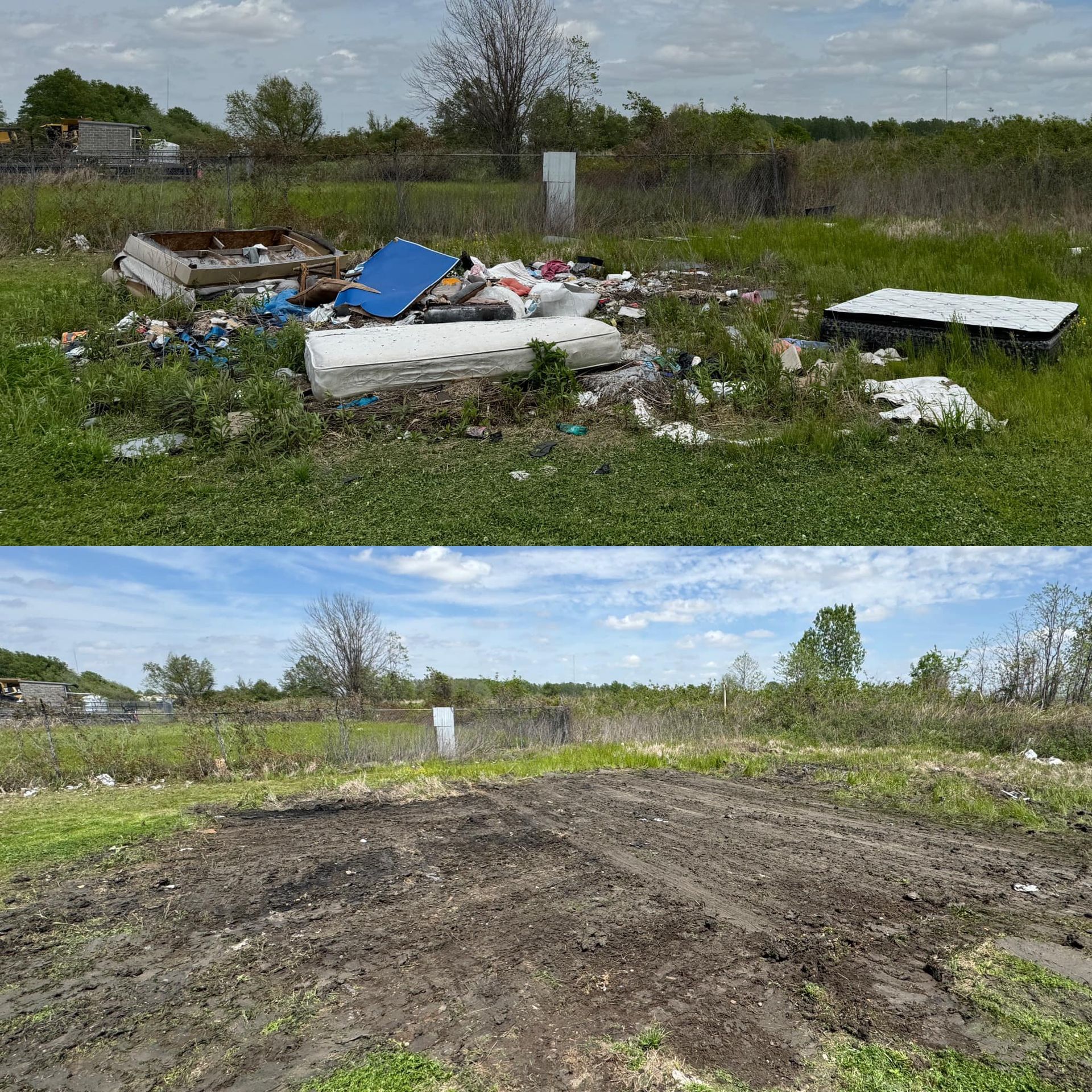 Before and after photos: a trash-filled field transformed into a cleared patch of dirt.