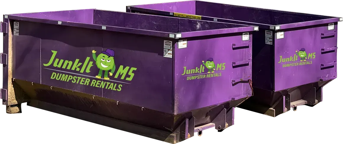 Two purple dumpsters side-by-side, with the 