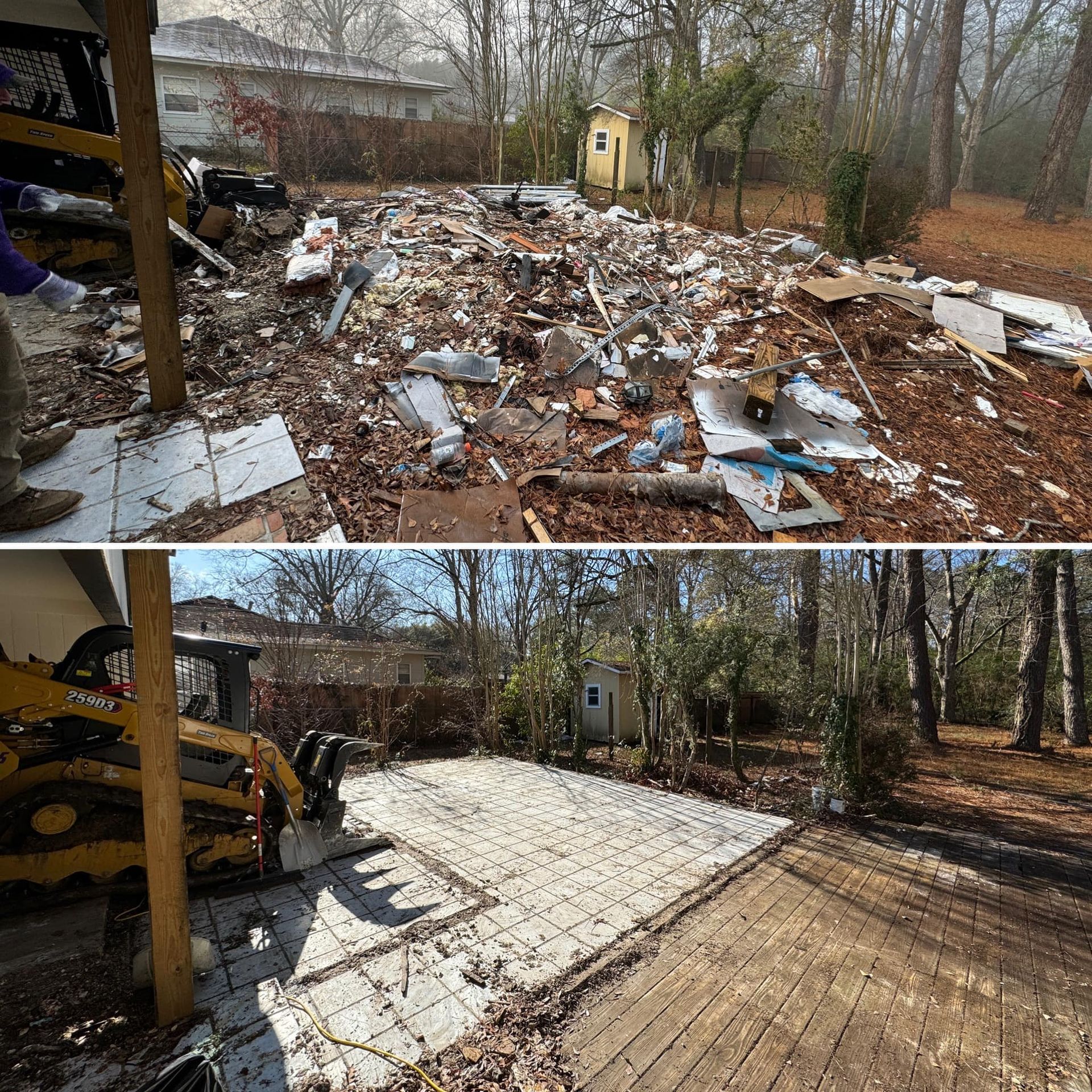 Before and after of debris-filled lot being cleared. A small excavator clears the site.