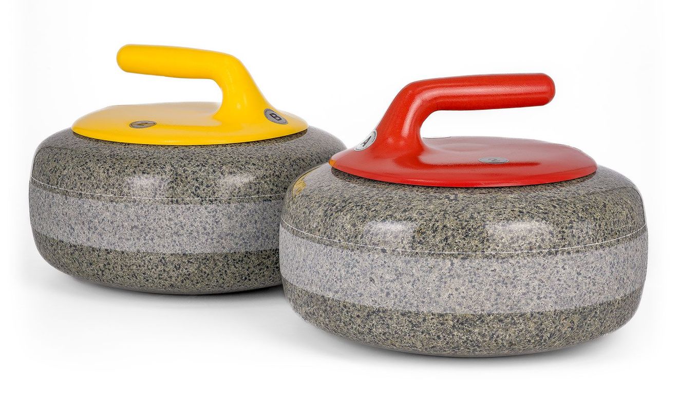 2 curling stones with yellow and red handles