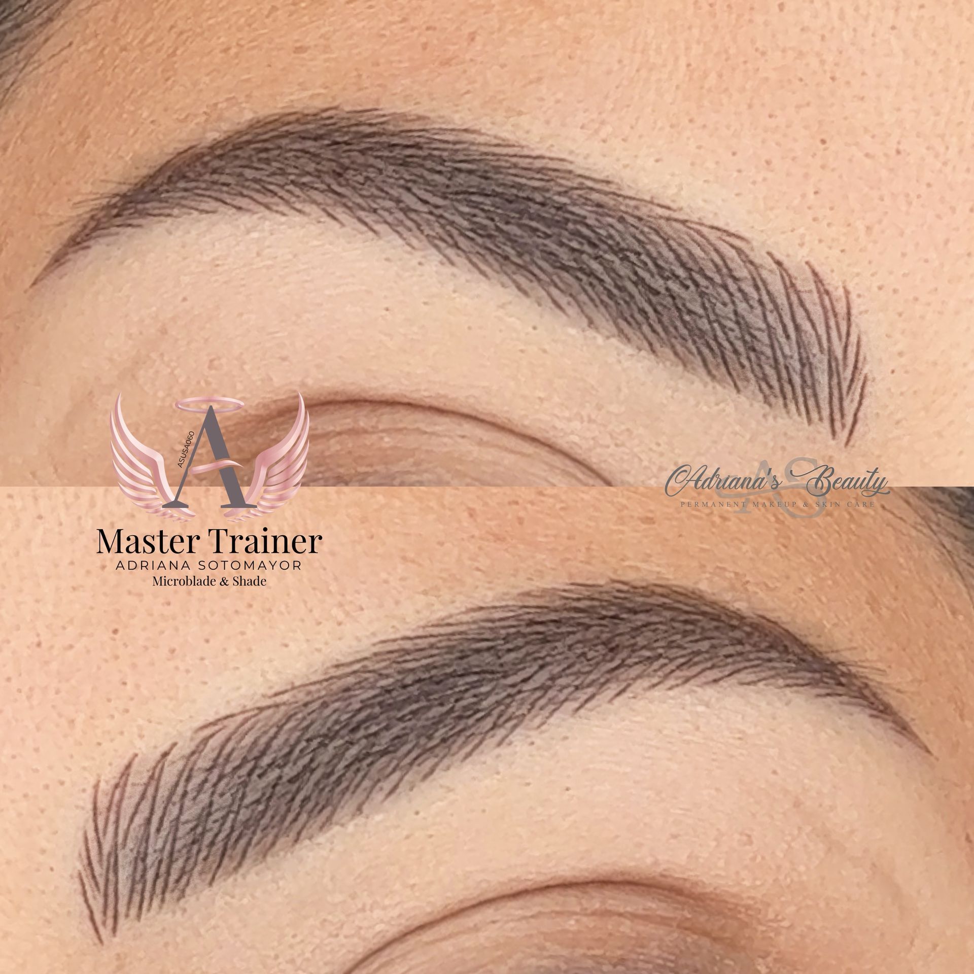 Close-up of two sets of eyebrows. Microblading strokes create natural-looking, filled brows.