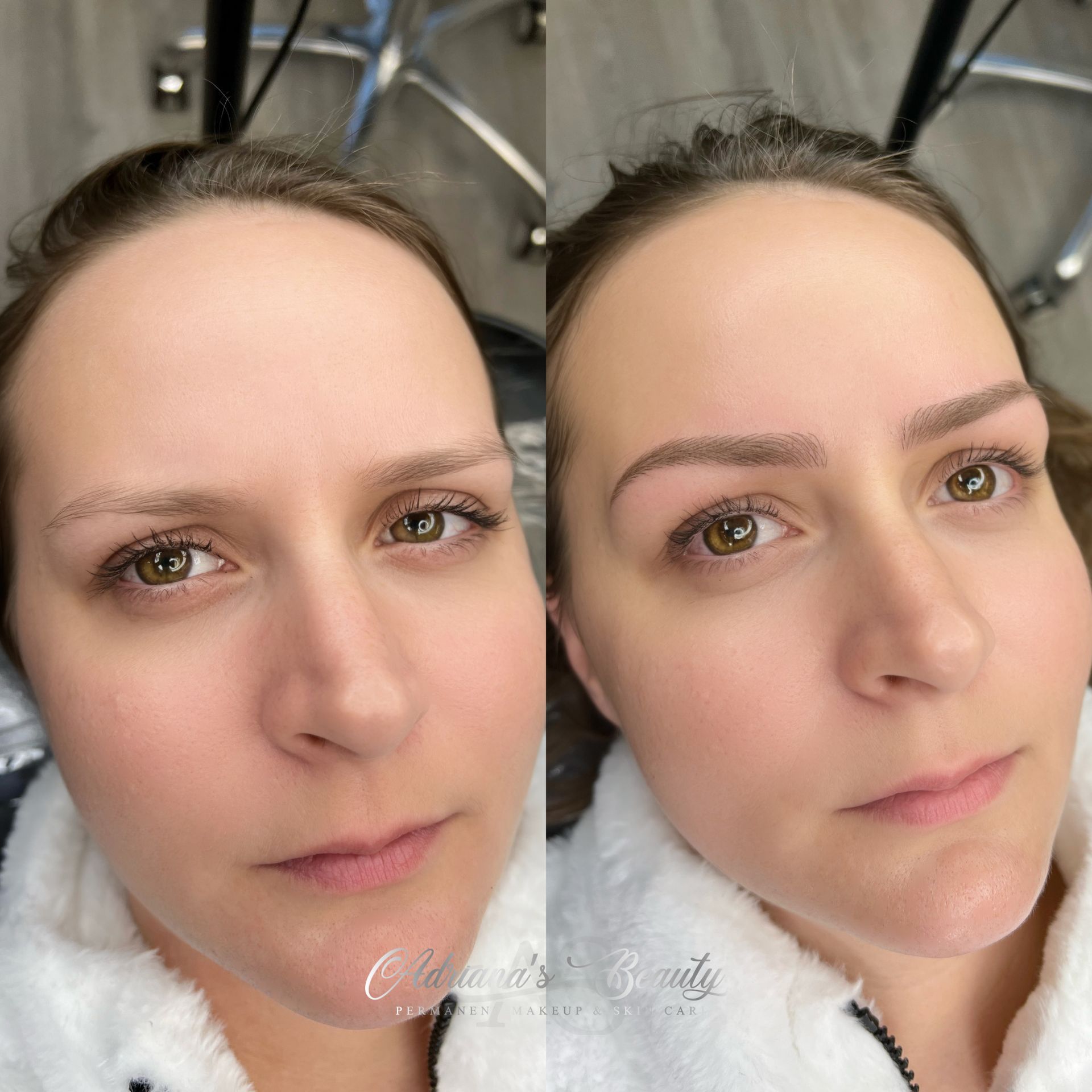 Before and after of a woman's eyebrow microblading; light brown arches, brown eyes, fair skin.