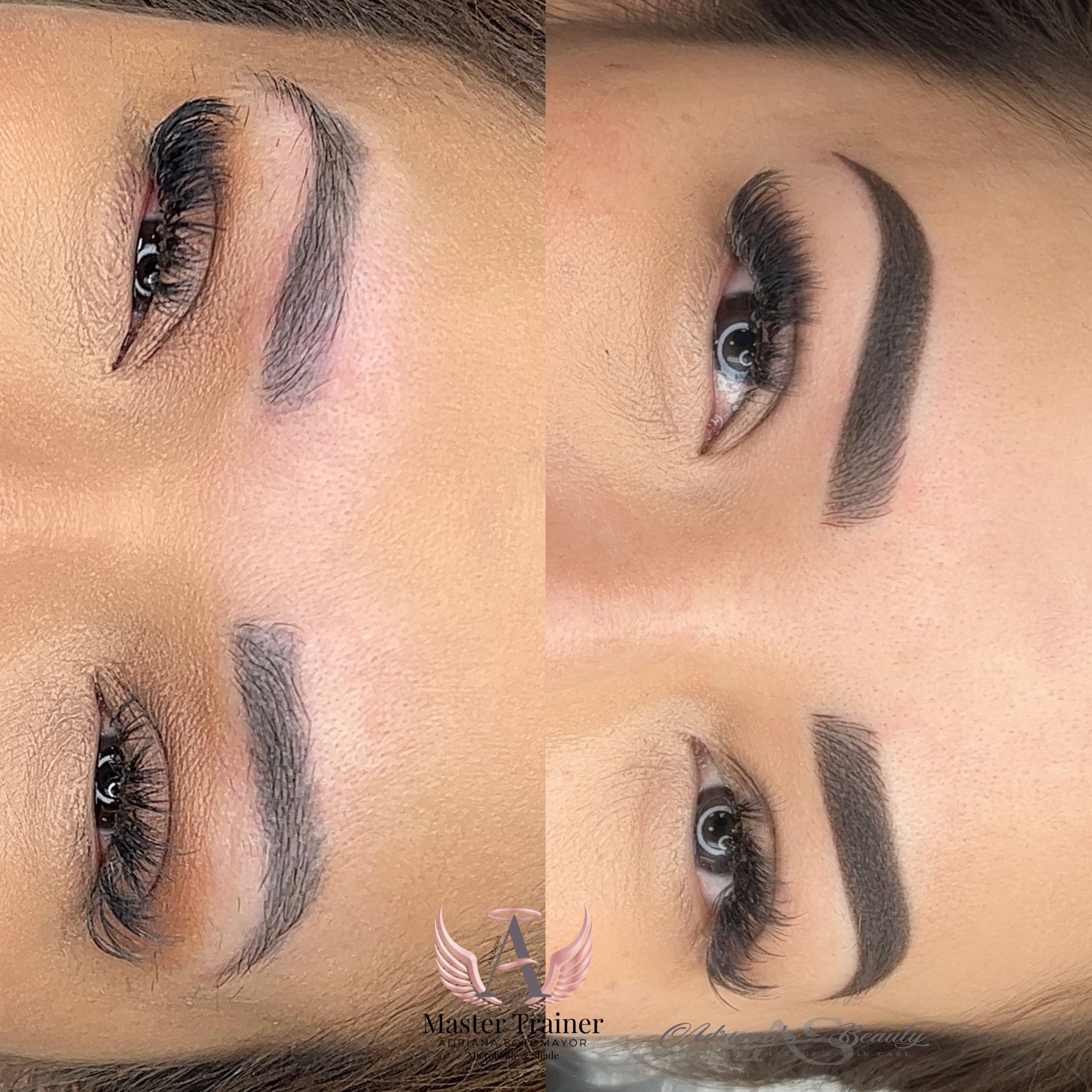 Two pairs of eyes with dark tattooed eyebrows, enhanced lashes, close up view.