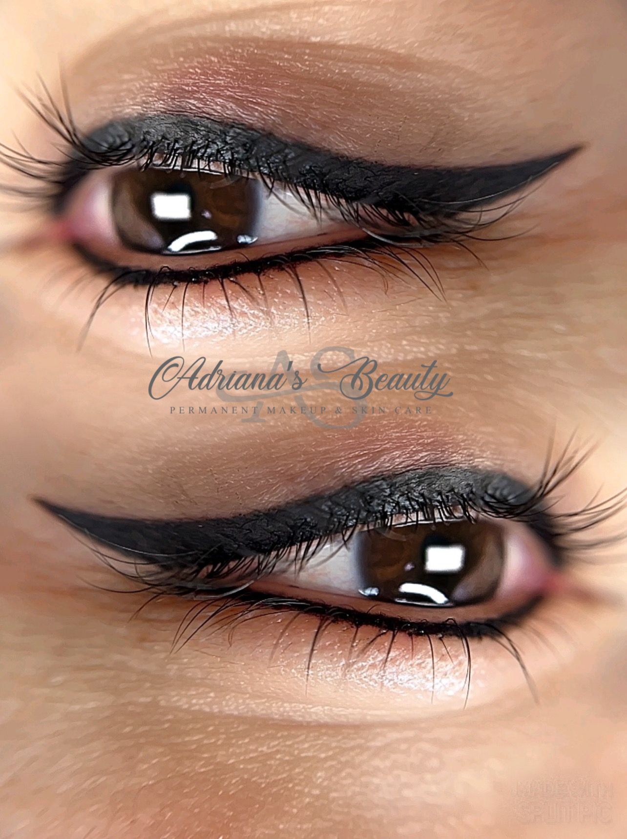 Close-up of two eyes with permanent eyeliner, dark liner with a wing, on light skin.