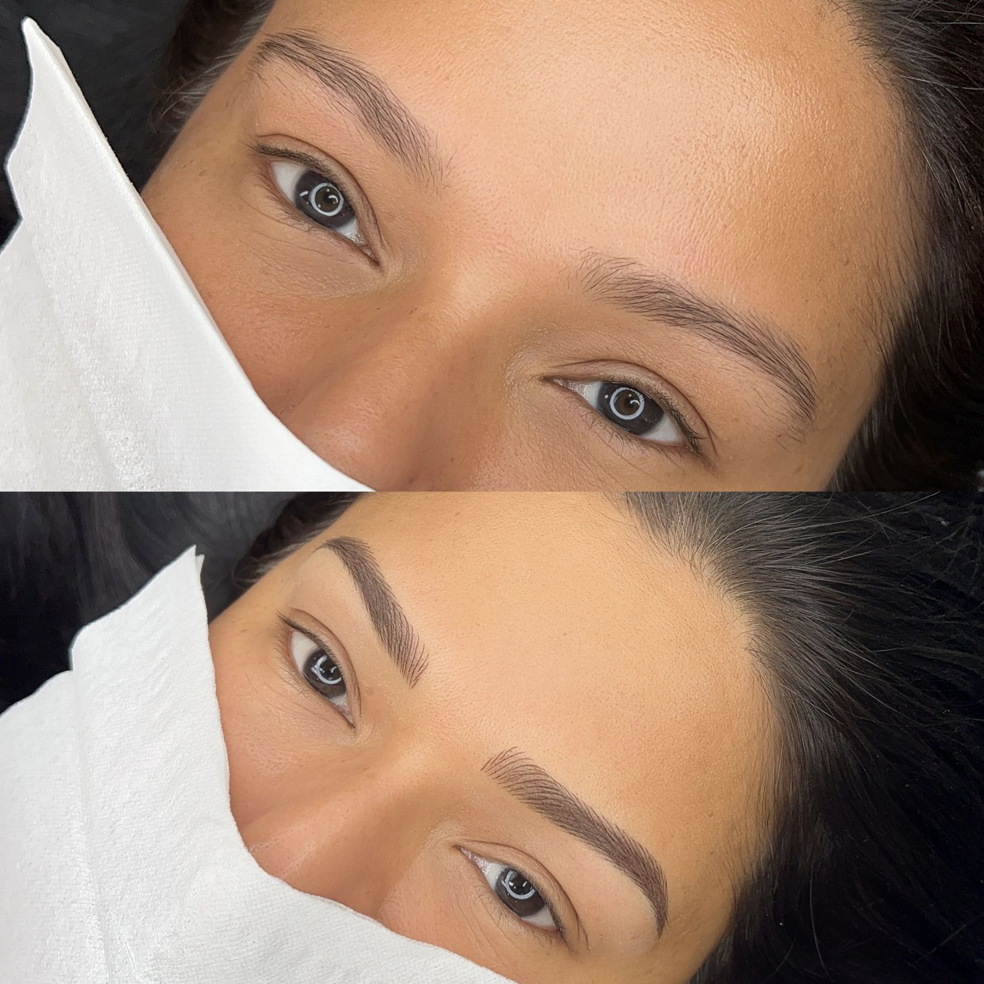 Before-and-after of a woman's eyebrows: sparse brows transformed to fuller, darker, and more defined through microblading.
