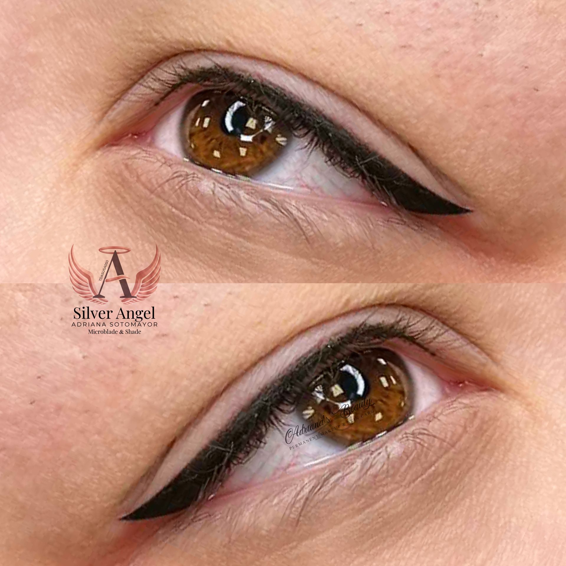 Close-up of two brown eyes with permanent eyeliner, creating a wing. Skin is light, the eyeliner is black.