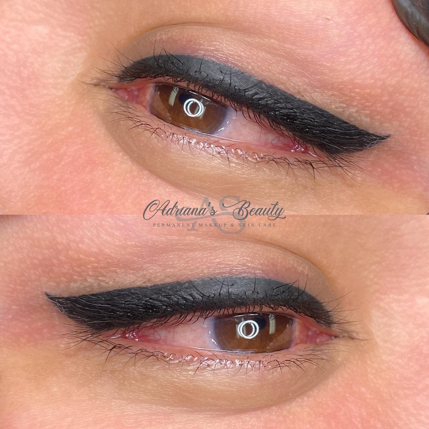 Close-up of an eye with dark permanent eyeliner; brown iris, reddish eyelid, and white reflection.