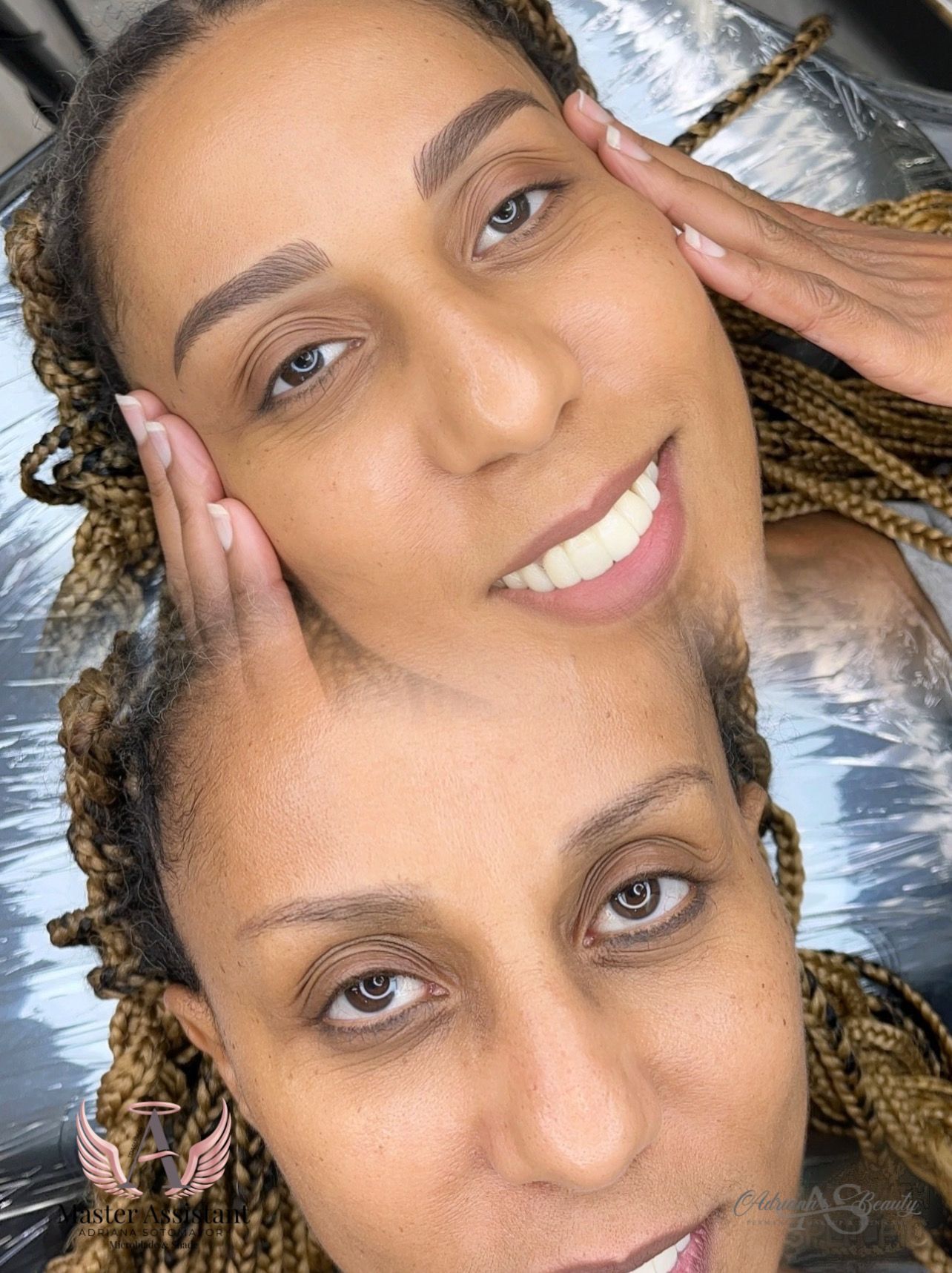 Woman with brow tattoo: Before and after. Shows happy expression, hands on face, brown skin, braided hair.