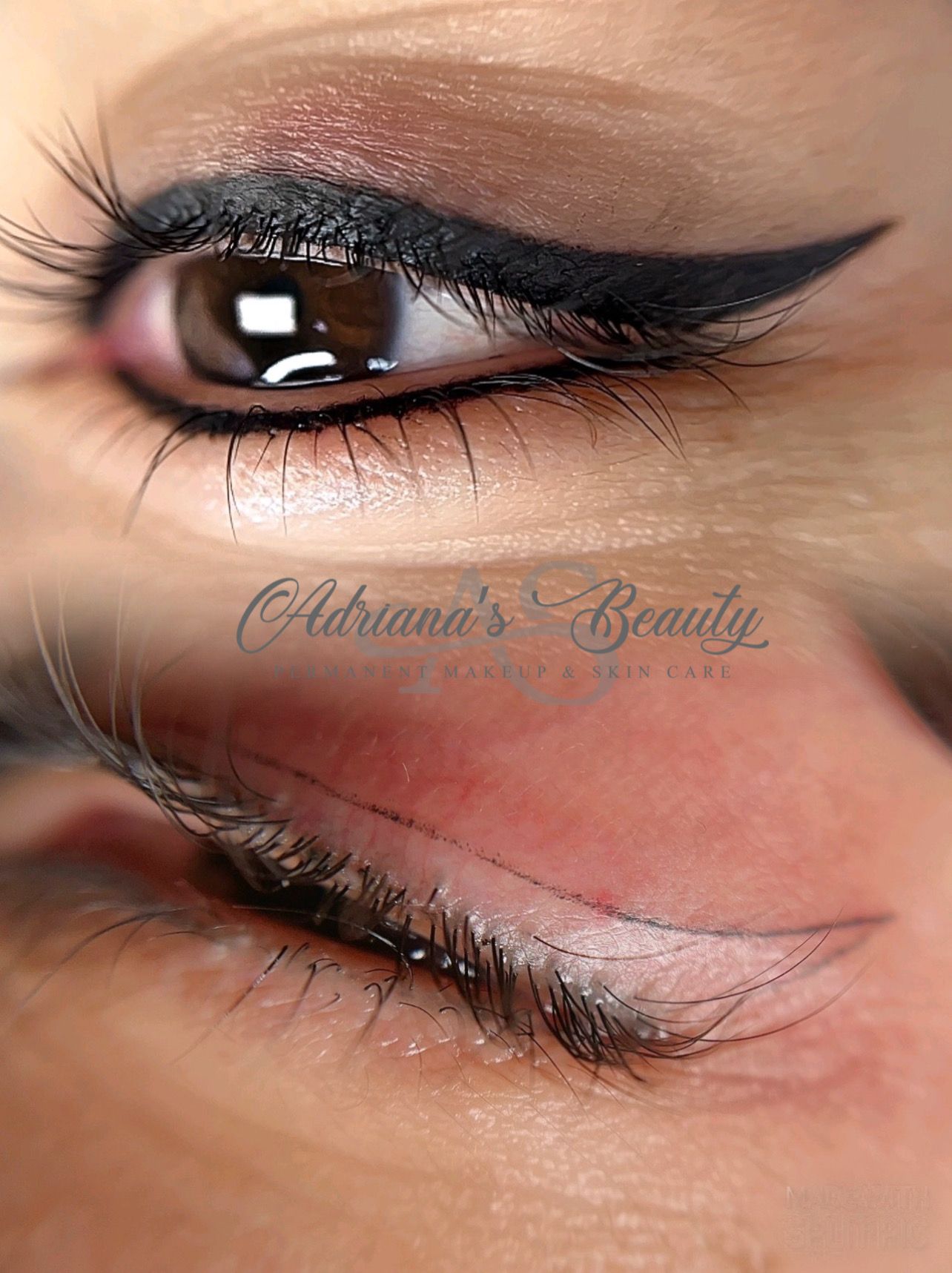 Close-up of eye with black winged eyeliner, before and after permanent cosmetic procedure.