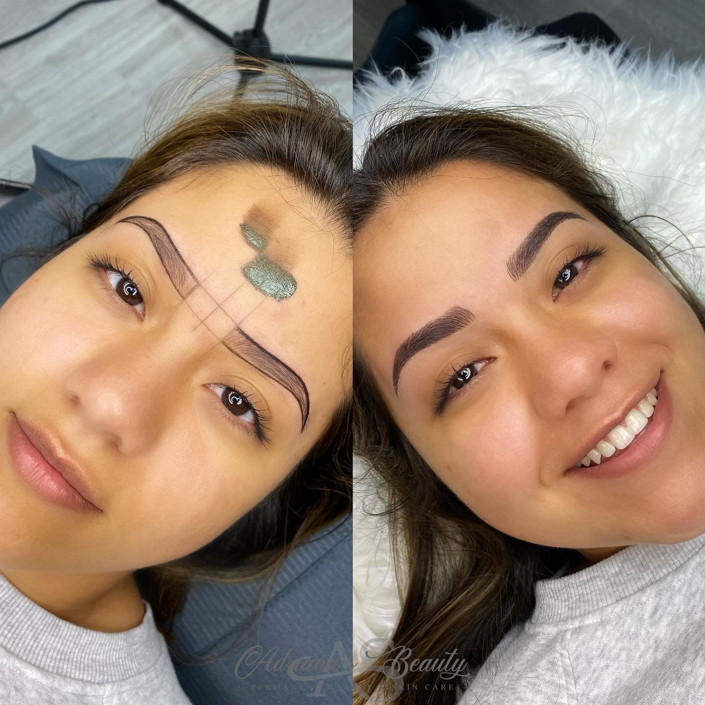 Before and after photos: woman with eyebrow mapping, then with newly microbladed, filled-in eyebrows.