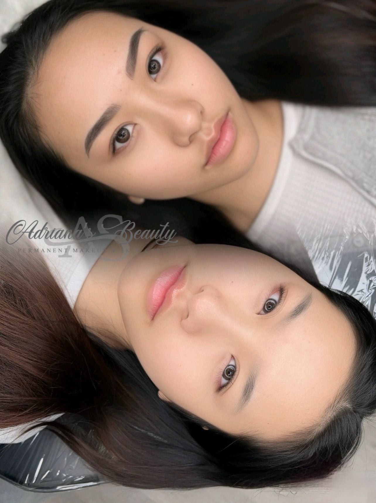 Two Asian women lying down; one with powdered eyebrows, the other with natural eyebrows; both with subtle lip makeup.