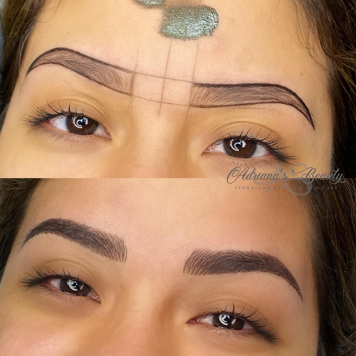 Before and after photos of a woman's eyebrows: outlined, then filled in with dark brown permanent makeup.