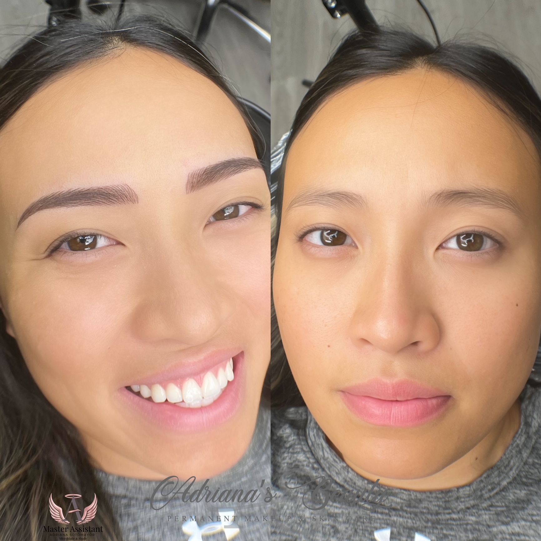 Woman before and after eyebrow microblading. Smiling, brown eyebrows, neutral skin tone.