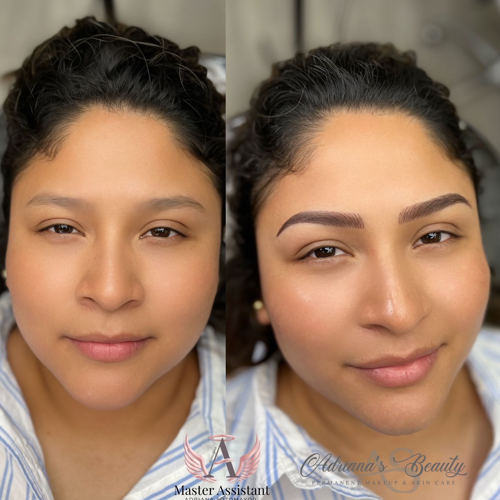 Before and after photos: woman with sparse eyebrows transforms to fuller brows. Skin tones are similar; background is plain.