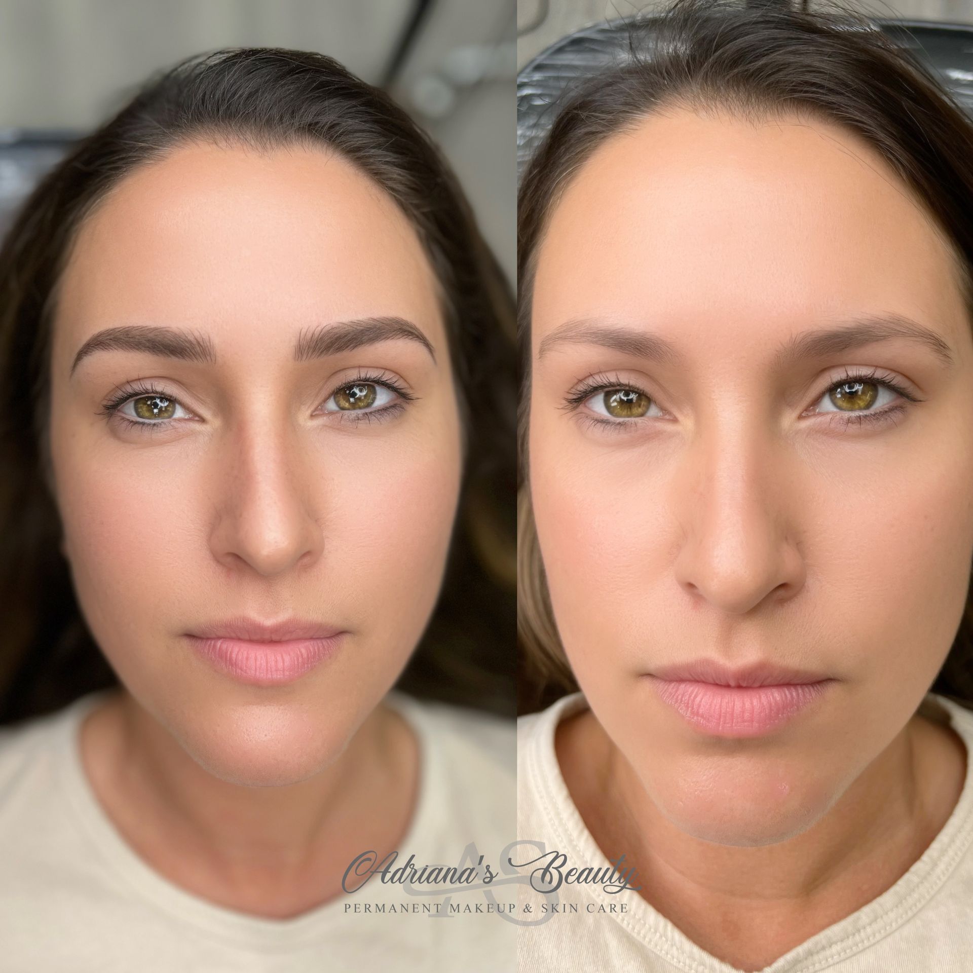 Comparison of woman's face before and after eyebrow microblading. Brown eyebrows on the left, faded on the right.