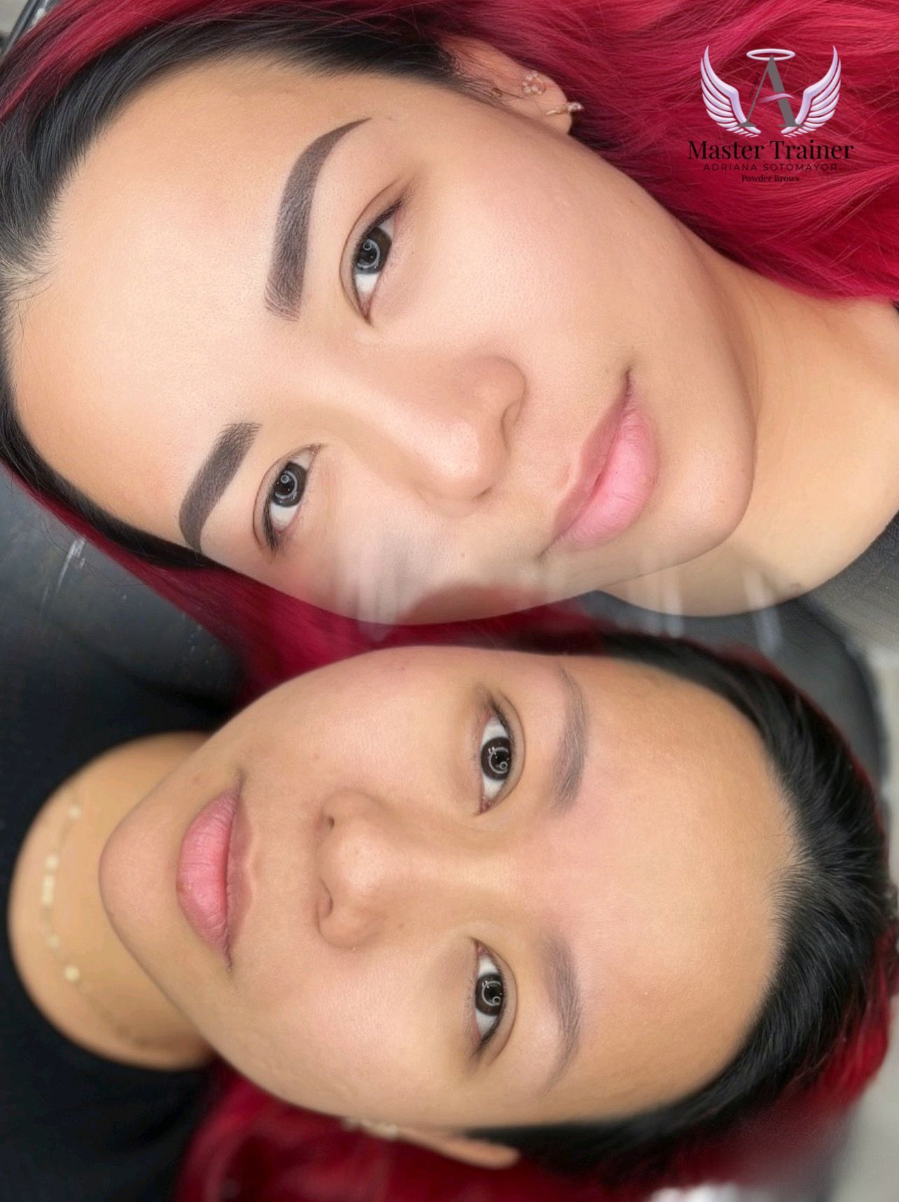 Woman with tattooed eyebrows, before and after. Dark brown brows, dark hair, light skin.