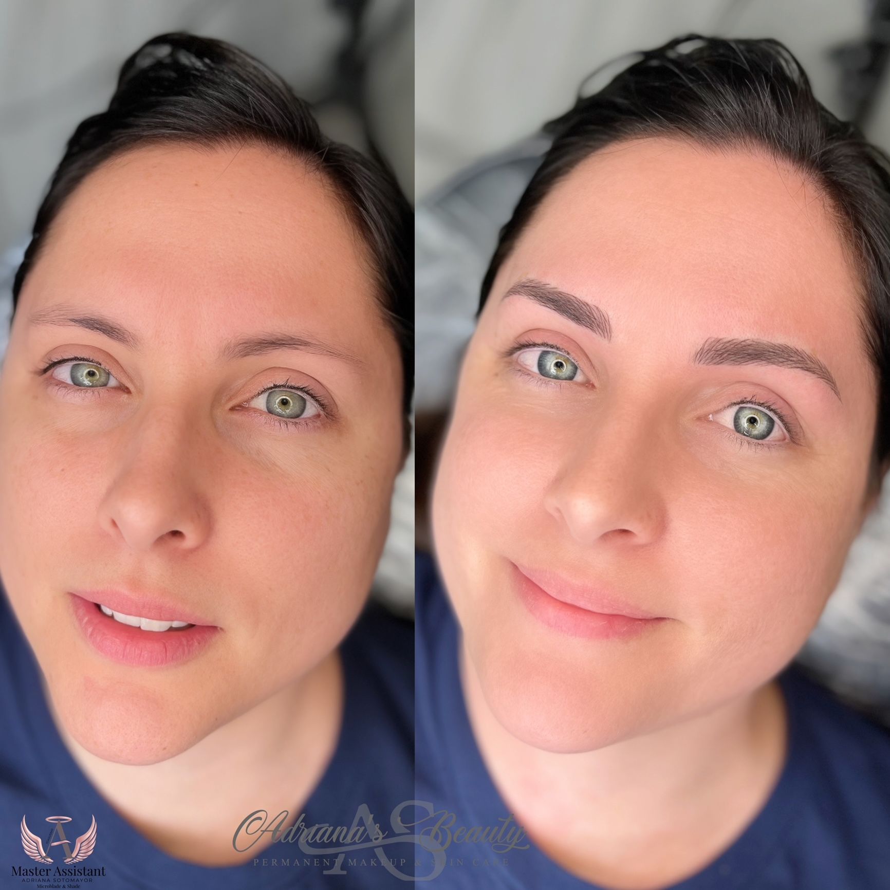 Woman with sparse eyebrows before and after microblading, with green eyes.