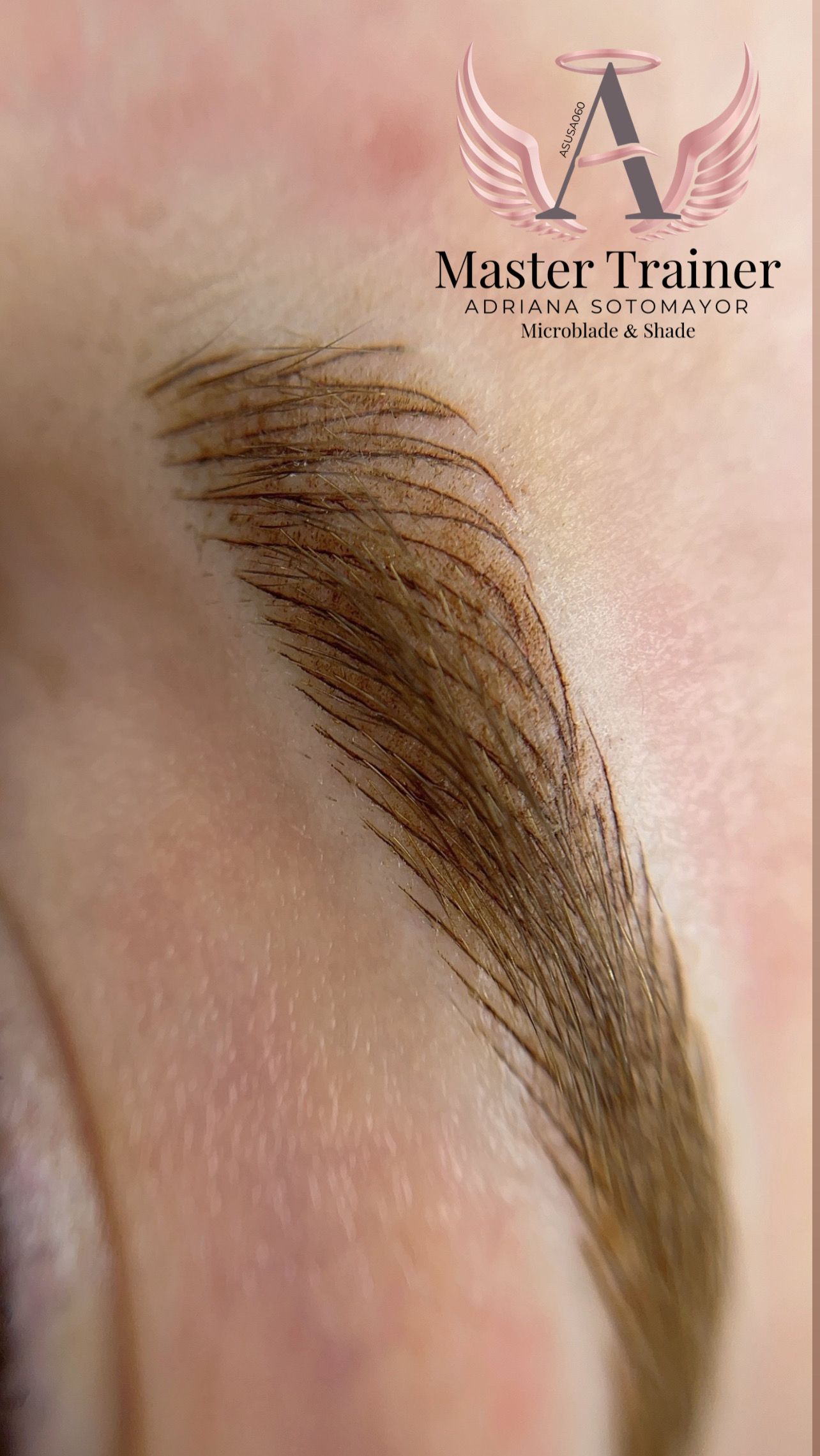 Close-up of a brow after microblading. Light brown pigment, creating hair-like strokes. Skin is light.