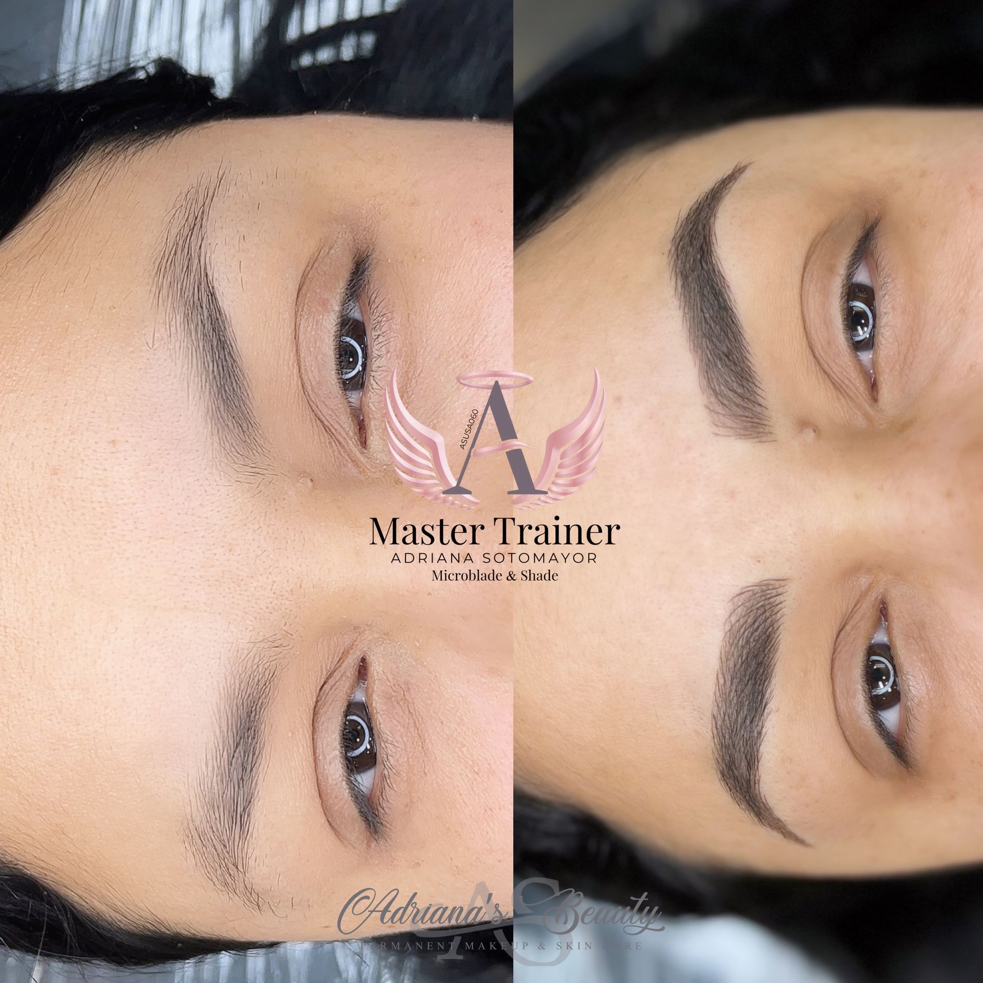 Before and after eyebrow microblading. Dark brown, shaped brows contrasted against bare skin.