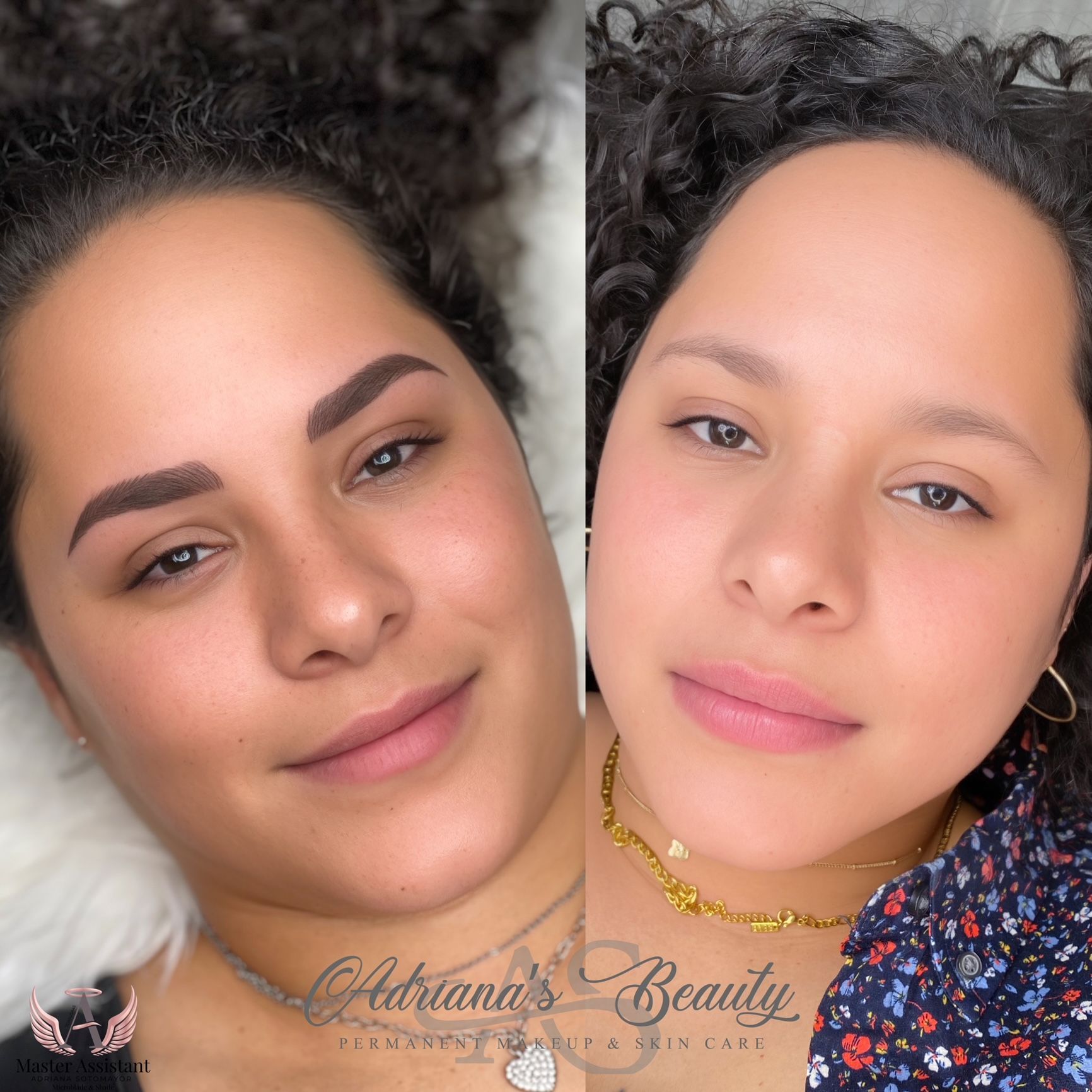 Side-by-side comparison. Woman with dark eyebrows (left) and bare eyebrows (right) smiling.