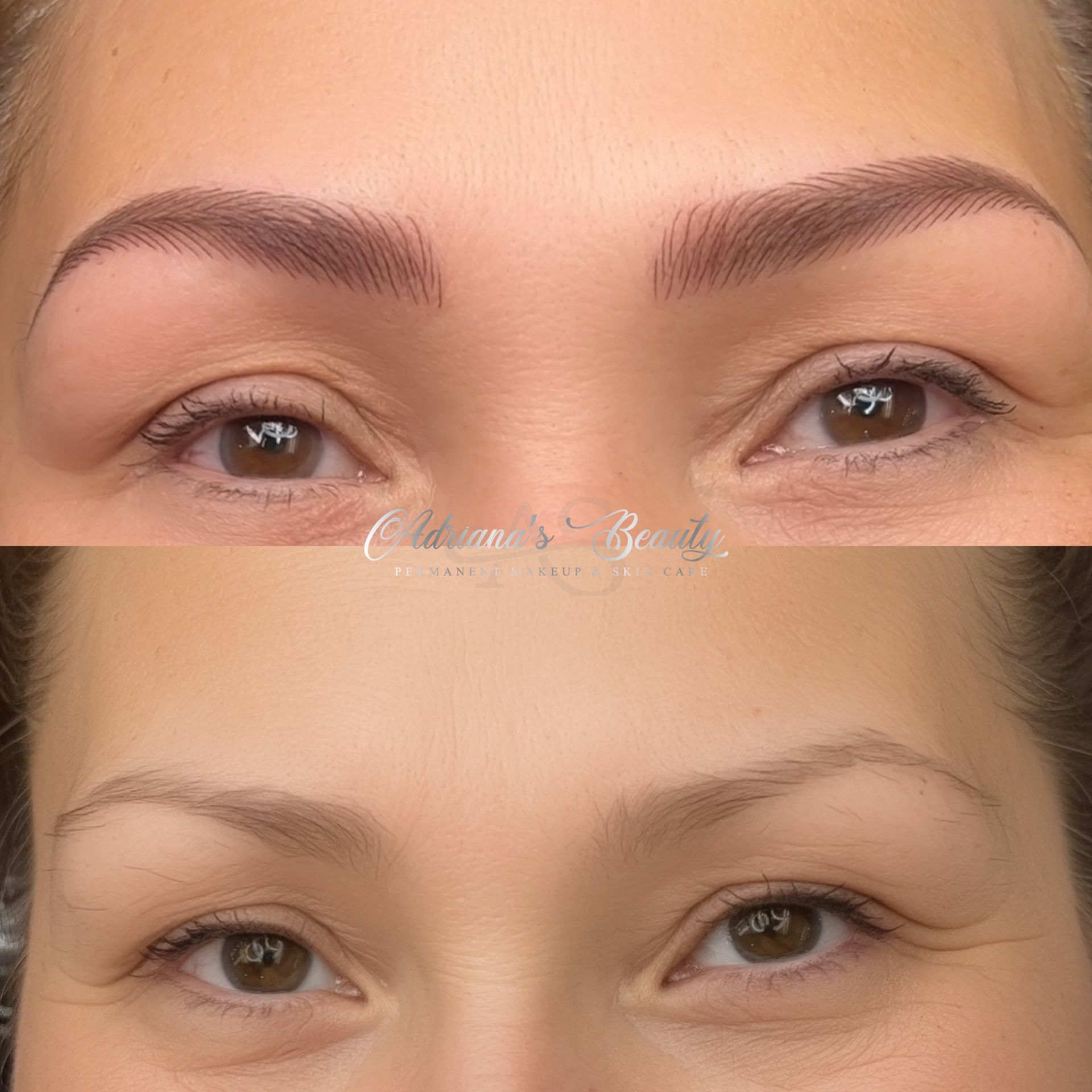 Before and after eyebrow microblading: top, filled brows; bottom, sparse brows.